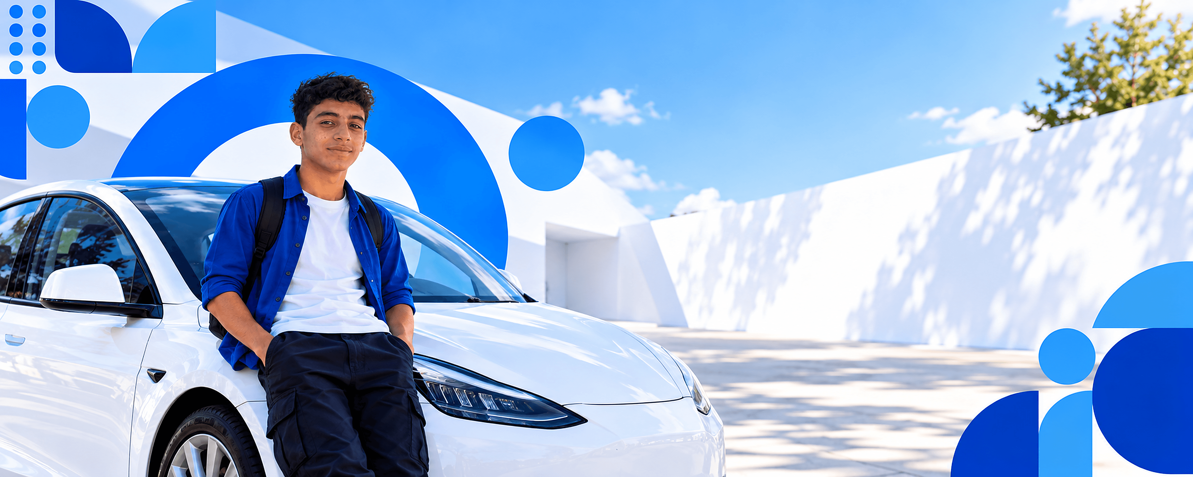 Corsa hero cover: a young man beside a white car, featured with Corsa brand geometric identity.